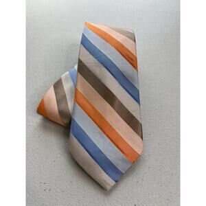 Perry Ellis Portfolio Blue, Orange, Brown Striped Pattern 100% Silk Tie NWOT